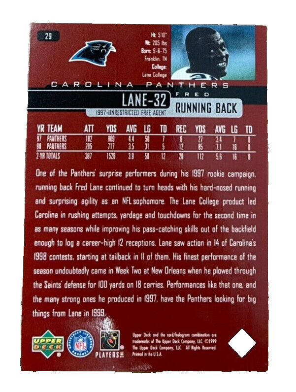 1999 UPPER DECK CARD # 29 Fred Lane - Carolina Panthers | eBay