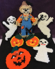 Vintage Plastic Canvas Halloween Ghosts, Scarecrow, Jack-o-Lantern 7 