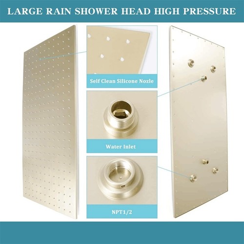 16x32 in LED Shower Faucet Set Rain Shower Head Combo W/Massage Jet Brushed Gold - Picture 5 of 11