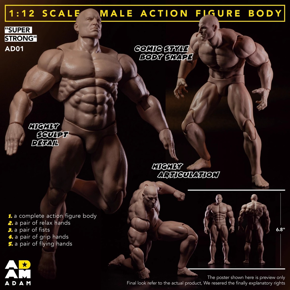 MUFF TOYS ADAM 1/12 Male Strong Muscle Joint 6'' Comic Action
