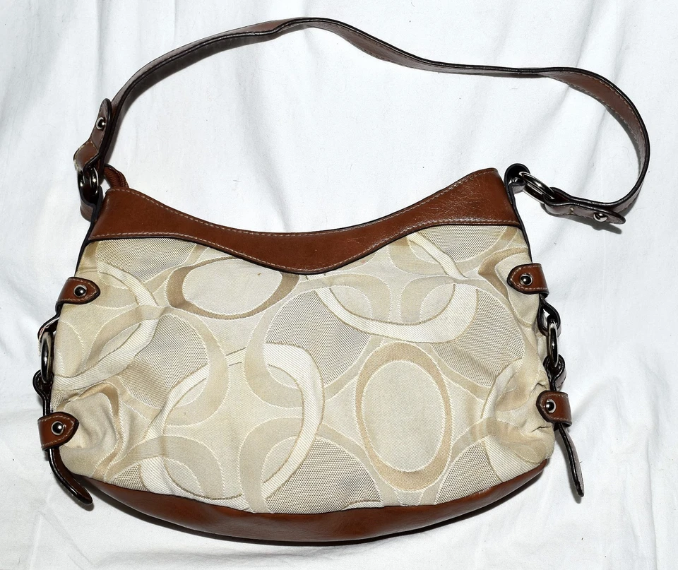 Bolso de hombro Rosetti de tela beige con diseño circular y cuero sintético marrón Foto 2 de 4