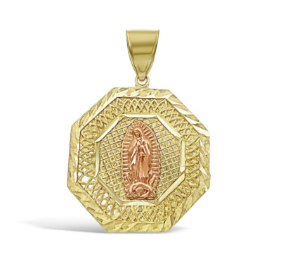Jungfrau Maria Anhänger 10k bicolor Gold Dame Guadalupe Achteck Charm 1,4 Zoll