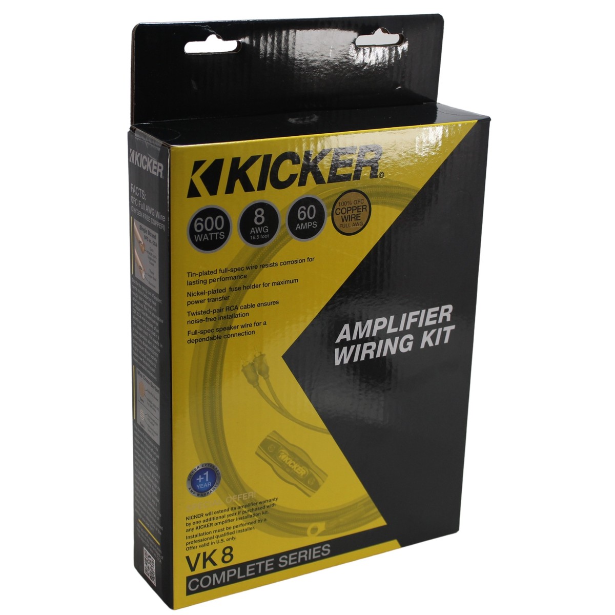 KICKER VK8 8AWG Verstärker-Kit Komplett – Mit Stromkabel, Erdung, K-Serie Lautsprecherkabel & 2-Kanal Verbindungskabel, Inkl. 60A Sicherung