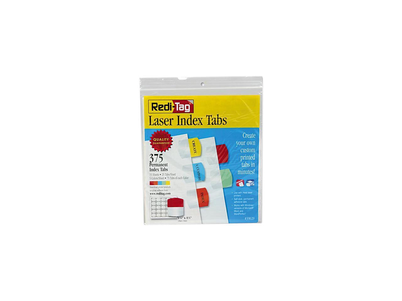 Redi-Tag 39020 Laser Printable Index Tabs, 1 1/8 x 1 1/4, 5 Colors, 375 ...
