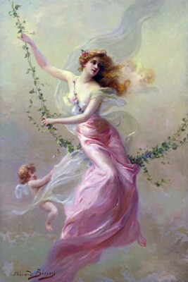THE SWING NYMPHS CUPID LOVE FLOWERS ART PAINTING BY EDOUARD BISSON REPRO