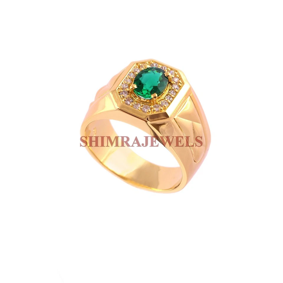 Simulierte Smaragd Edelstein Mit Vergoldetem 925 Sterling Silber Herrenring #833 - Bild 3 von 4