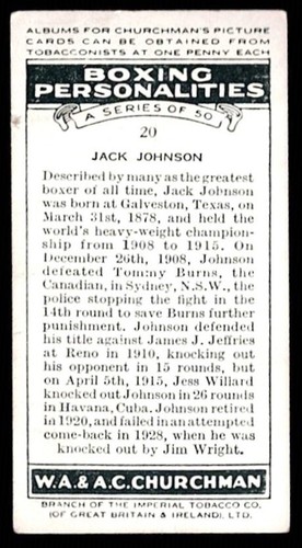 1938 Churchman's Boxing #20 JACK JOHNSON, CENTRATO - VG - Foto 2 di 2
