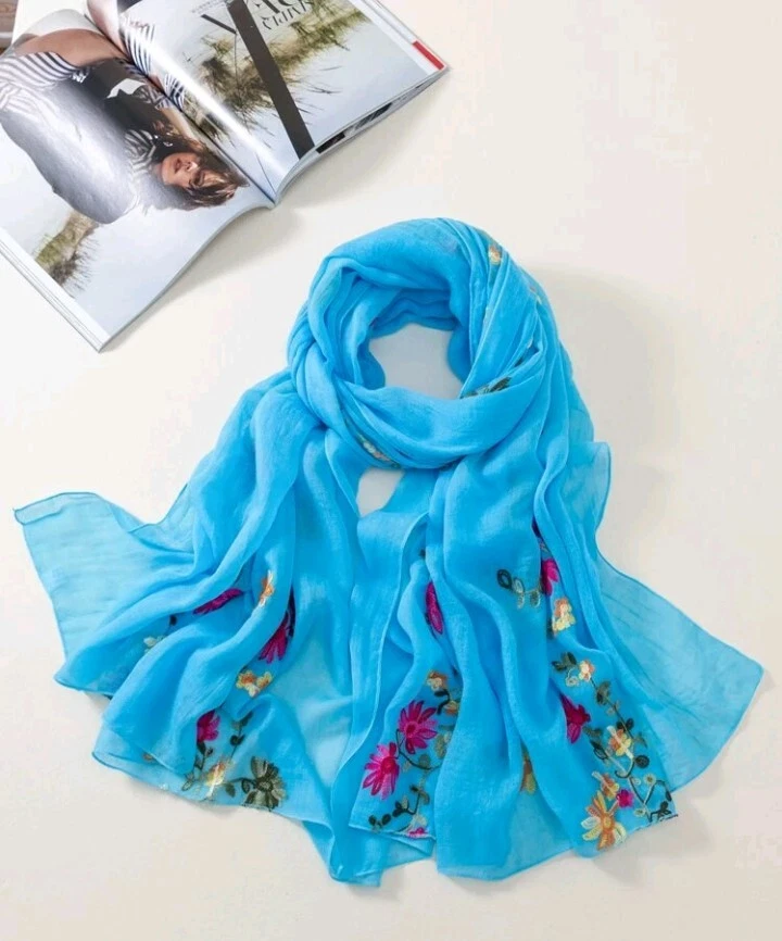 New Ladies Beautiful Turquoise Embroidered detail Evening Scarf Shawl SC1009