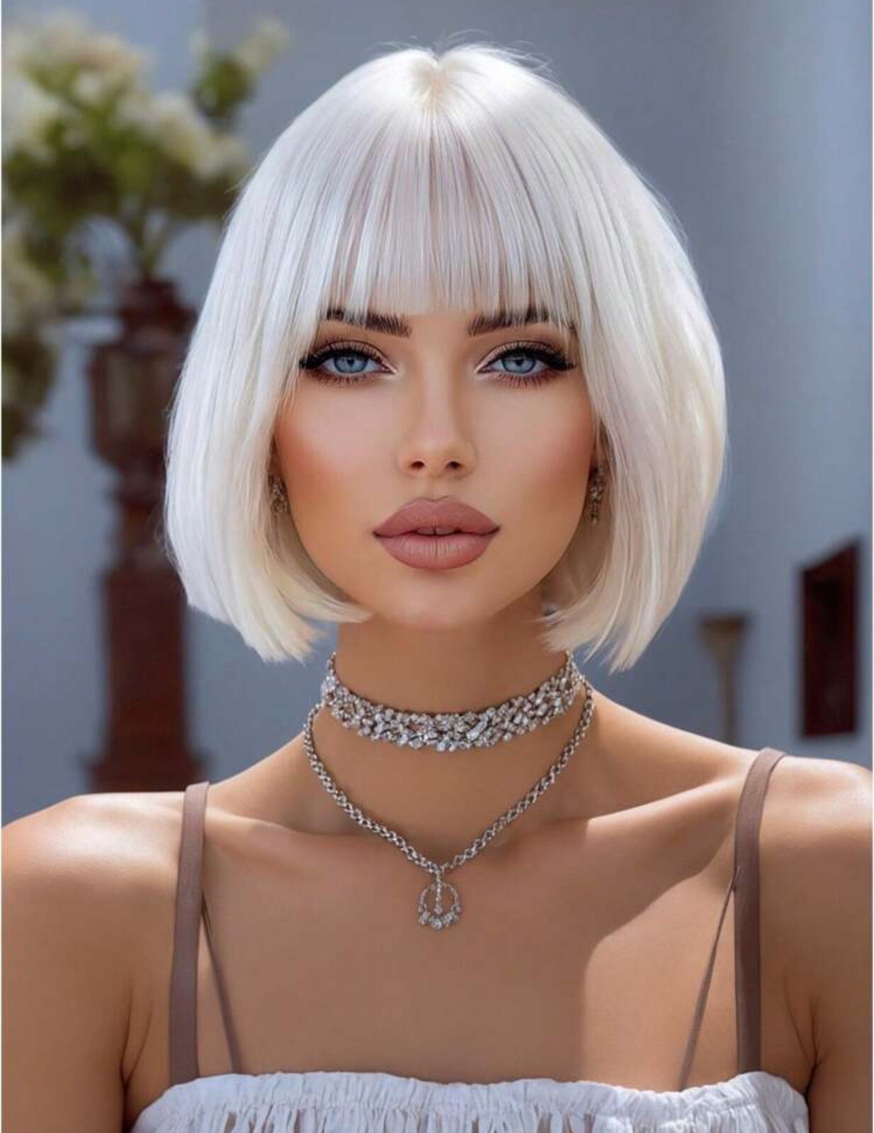 Perruque blanche courte lisse changement de tête rapide femme 4 bonnets