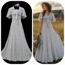 Vintage 70s Prairie Maxi Dress Floral Stripe Bow Collar Cottagecore Boho