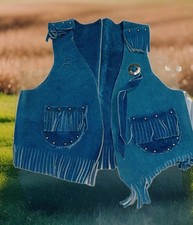 Vintage 70s Leather Vest Children's Size M 4-5 Blue Suede Western Fringe USA