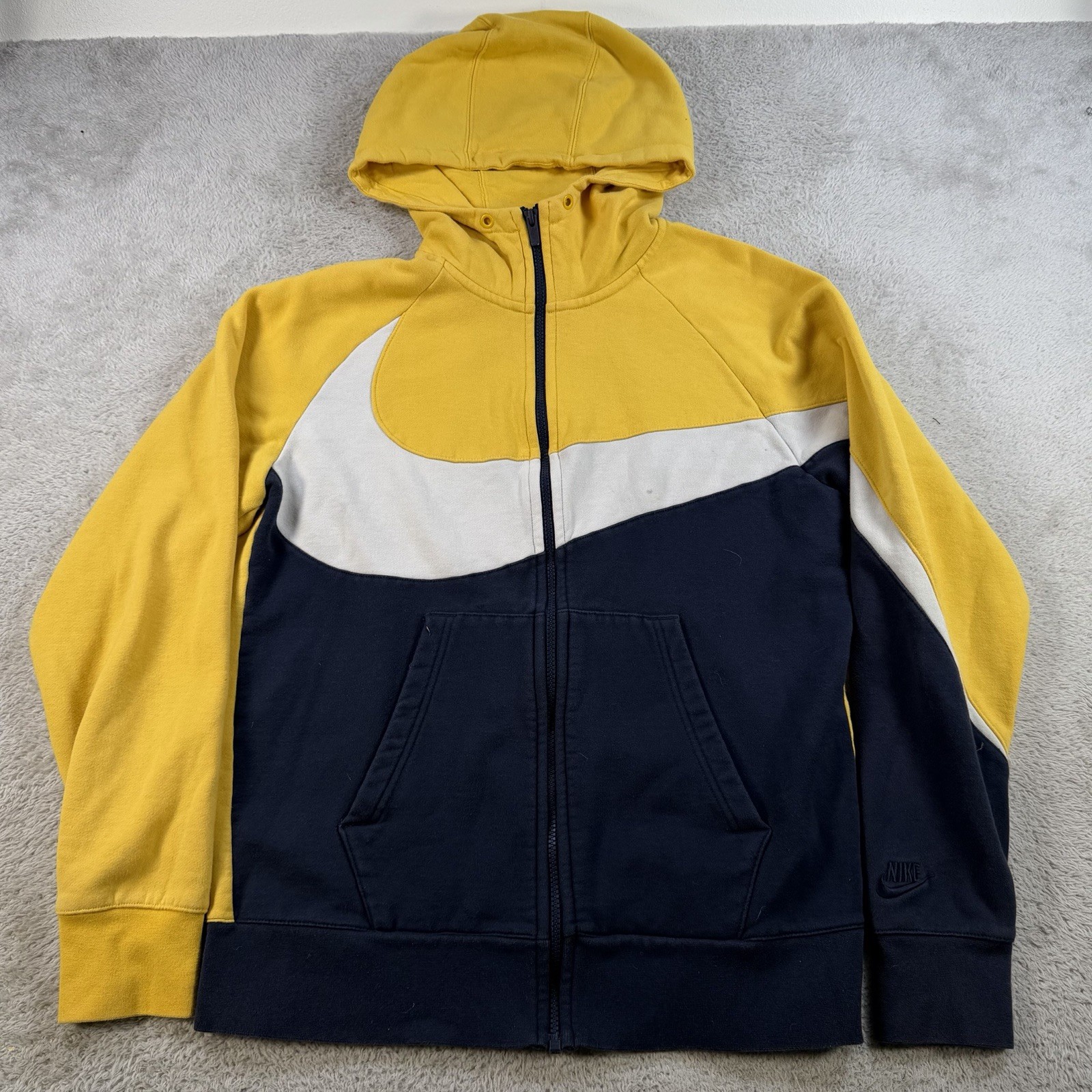 Nike Hoodie Mens Medium Yellow Navy Full Zip Fleece Big Swoosh Jacket Y2K thumbnail 2