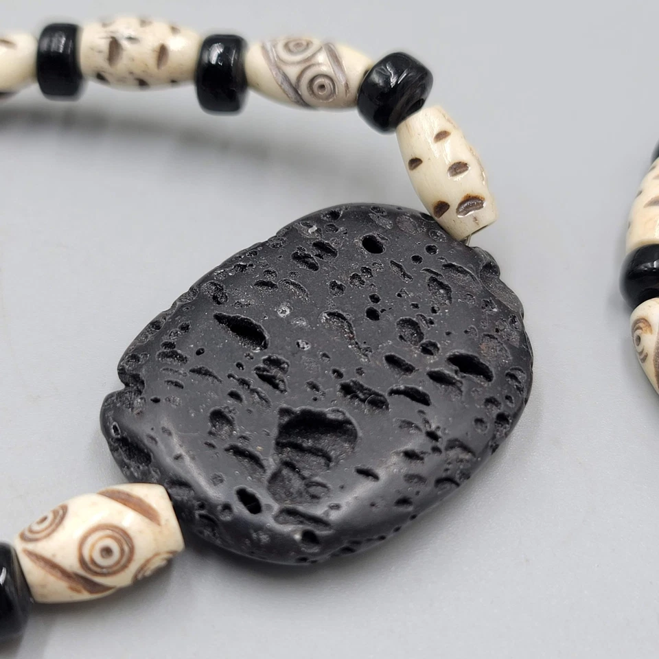 Conjunto de joyas de hueso de vaca talladas a mano con cuentas de lava negra collar pulsera Foto 4 de 4