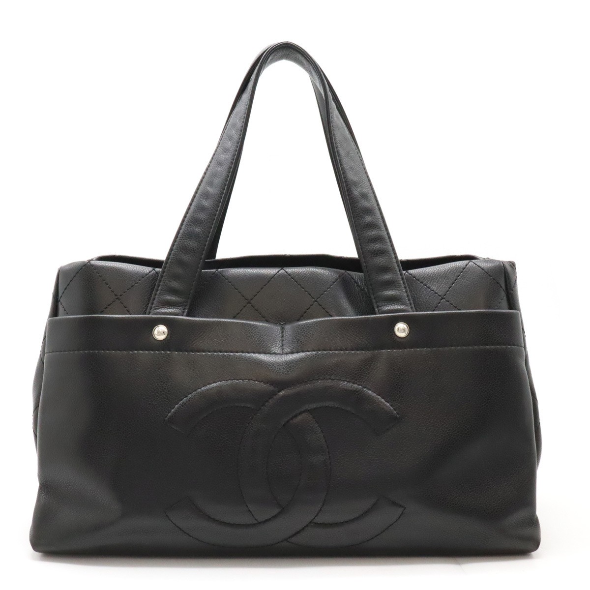 CHANEL Coco Mark Matelass Tote Bag in Black Caviar Leather with Silver Hardware