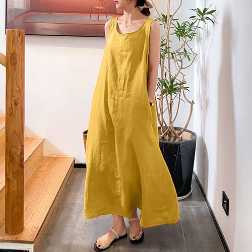 Women Sleeveless Vest Tank Long Dress Ladies Summer Solid Cotton Maxi Gown - Picture 8 of 27