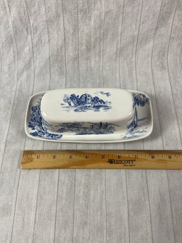 Vintage Enoch Wedgwood Blue Countryside Butter Dish Tunstall England w/ Box - Picture 3 of 13