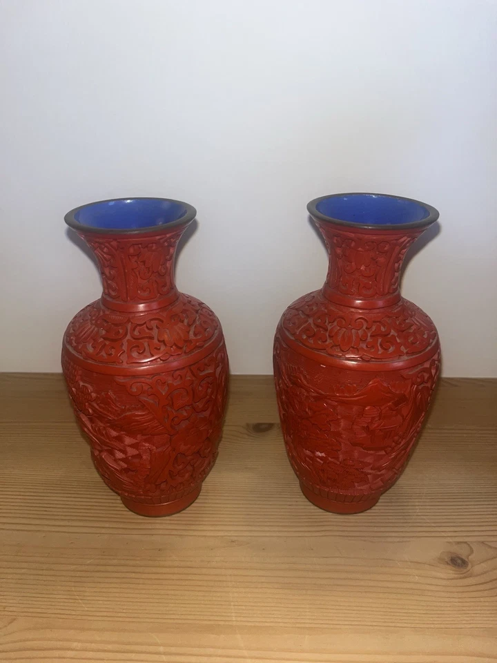 4 rote asiatische Deko-Vasen – Cinnabar-Optik – verschiedene Größen – Set - Bild 3 von 4