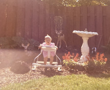 1970s Adorable Young Little Baby Girl in Walker Fake Deer Skunk Bird Photo P21c6