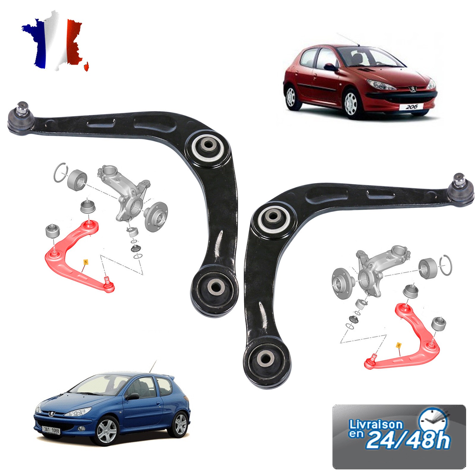 Triangle de suspension avant pour Peugeot 206 de 1998 à 2009 kit de deux bras en acier forgé