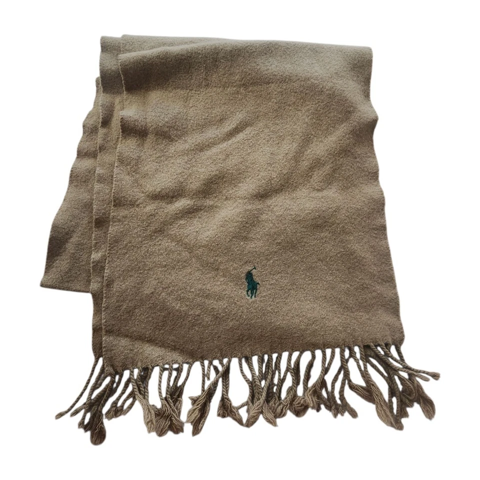 De Colección Polo Ralph Lauren 100% Lana de Cordero Bufanda Bronceado Camel Flecos Hecho en Escocia  Foto 3 de 4