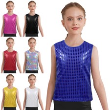 Kids Girls Shirt Dance Vest Party Tank Top Workout Round Neck Dancewear Disco