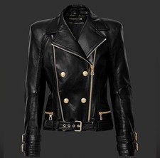 Balmain H&M Biker Leather Black Jacket Gold H...