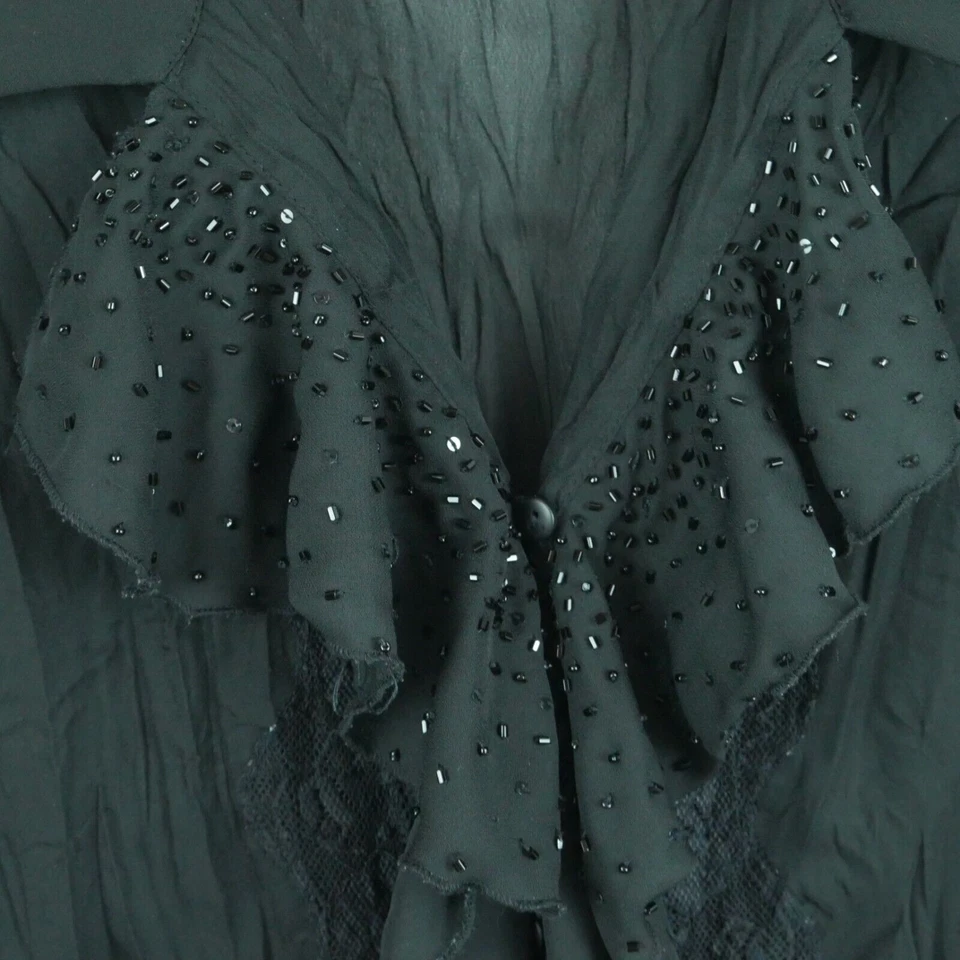 Vintage P Large Blouse Whimsigoth Black Ruffle Beaded Lace Y2K Sheer Pirate - Image 2 of 4