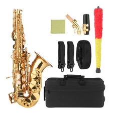 Bb Soprano Saxophone Brass Lacquer Gold Sax with Mouthpiece Carry Case Care Kit