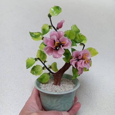 Vintage  Chinese Jade Bonsai Tree Asian Flowers Celadon Pot (Small)