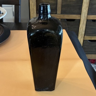 Antique Pre-1900 Black Glass Square Utility Bottle with Pontil Mark Collectible