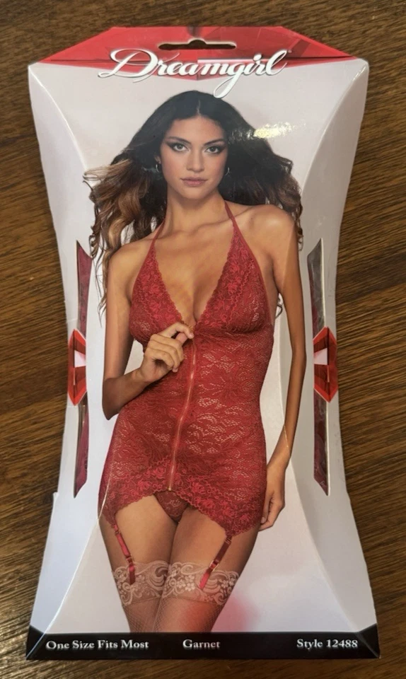 Dreamgirl Stretch Lace Liguero Slip & G-String Set con Soporte Cuello y Corbata Trasera 12488 Foto 3 de 4