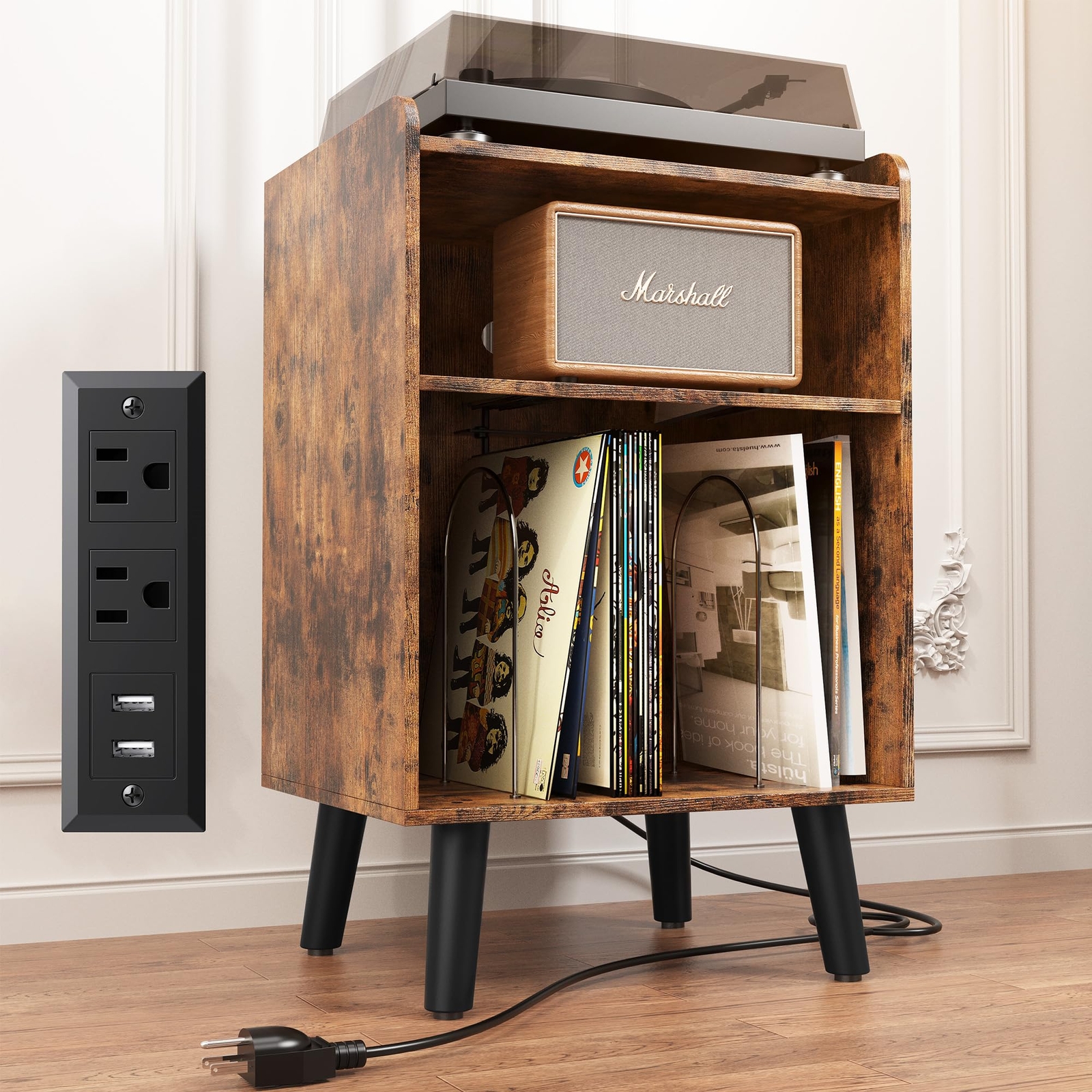Vintage Turntable Stand with Vinyl Storage and USB Charging Station  -image