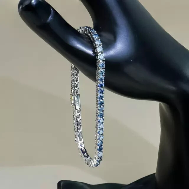 14k White Gold Plated 9Ct Lab Blue Topaz Tennis Bracelet 7.5in