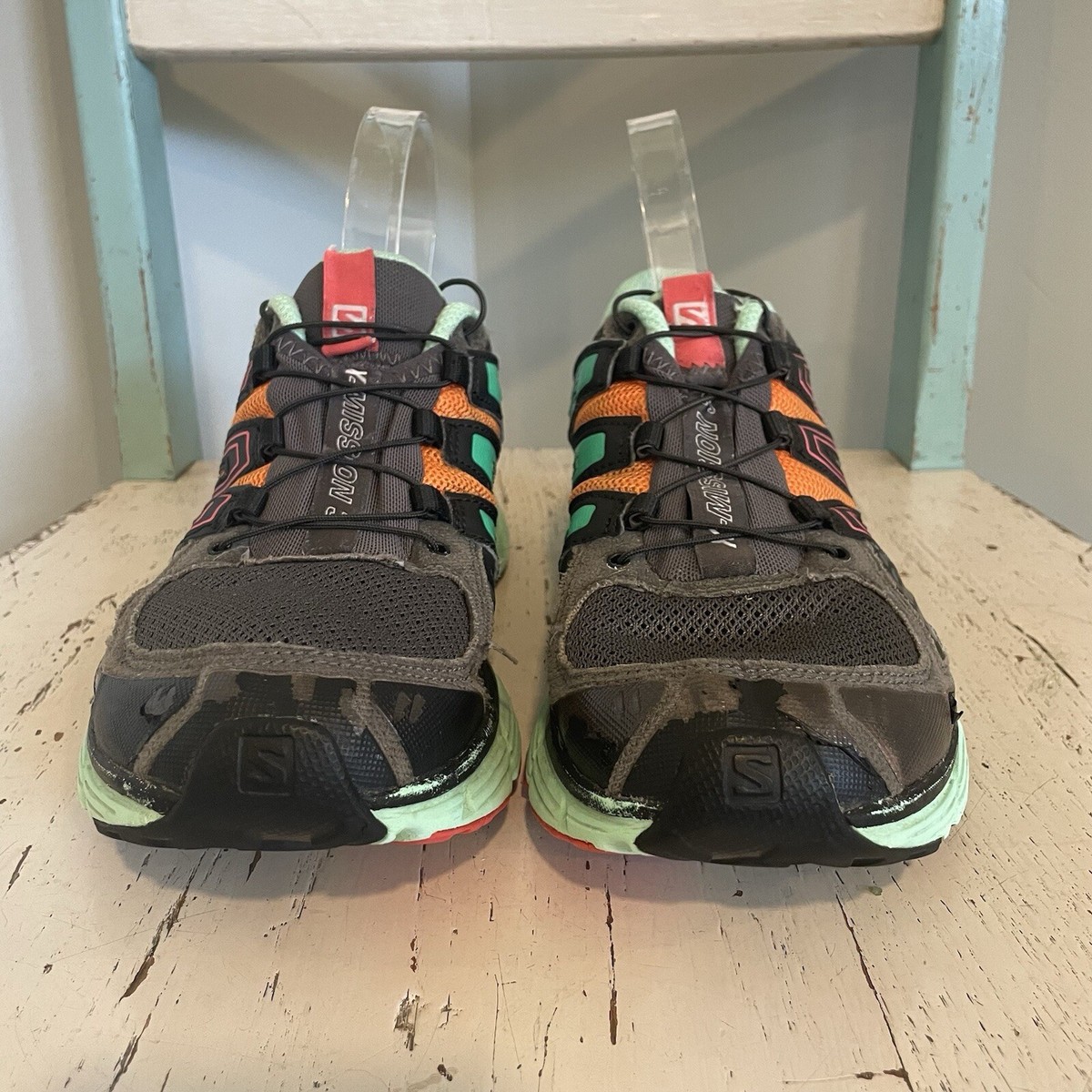 Salomon X Mission Trail Running Shoes Womens Size Black Green Sneaker  FLAWS