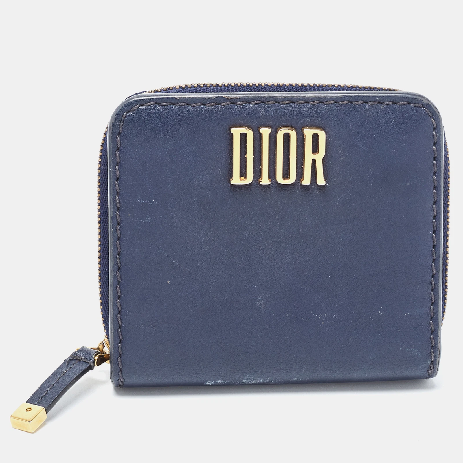 Portefeuille fermeture éclair clôture Dior D cuir bleu marine