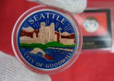 🔥1990 Games Seattle City of Goodwill Color Enamel 1 Troy Oz .999 Silver Round