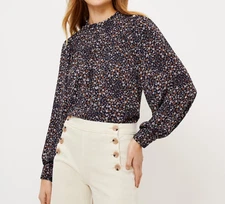 Loft Floral Ruffle Neck Bib Blouse  Size: Small Color: Forever Navy/Multi $59.50