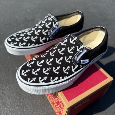 Nautical Anchor Pattern Boat Theme Black Vans for Men and Women Customized Shoes