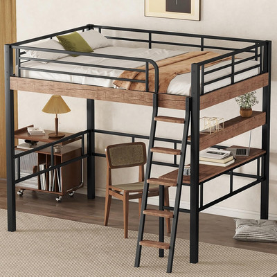 Full Size Loft Bed with Desk and Storage Shelf, Metal Loft Bed Full Size with Bu