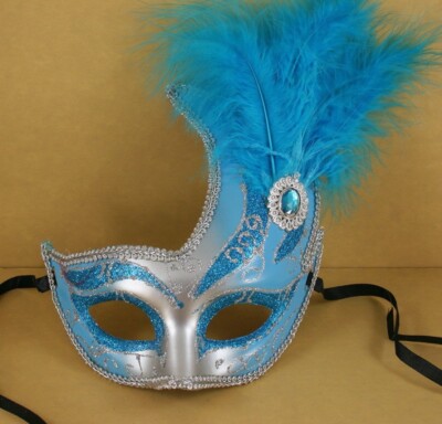 (TURQUOISE) FANCY SWAN Mardi Gras Side Feathered Plastic Glitter Mask (CLOSEOUT)