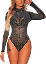 Women's Sheer Mesh Turtleneck Neck See Through Leotard Bodysuit Body Larg
