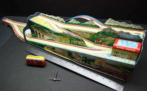 Vintage 1953 Ohio Art Tin Lithograph "Alpine Station"  WIND-UP TRACK TOY w/Bus