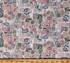 Cotton Postage Stamps Travel Low Key Cream Fabric Print by the Yard D476.67