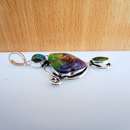 Solar Quartz Peridot Labradorite Gemstone 925 Sterling Silver Handmade Pendant - Picture 7 of 9