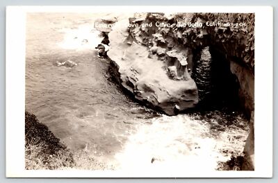 La Jolla CA~Scenic Birdseye~Emerald Cove & Cave~Sandstone~La Jolla Bay~RPPC