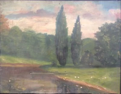 ÖLGEMÄLDE ABENDSTIMMUNG AM FLUß ANTIK PAPPELN °JUGENDSTIL LANDSCHAFT NATUR - Bild 1 von 4