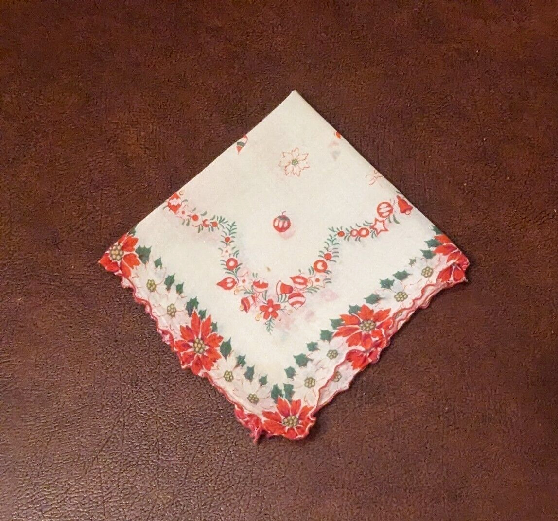 Vintage White Christmas Handkerchief Hankie Red P… - image 2