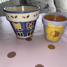 2 Hand Painted Ceramic Terracotta Plant Pots Flower Garden Planters