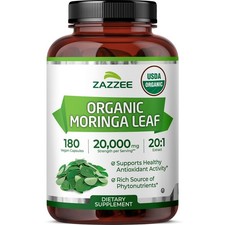 Zazzee Organic Moringa 20:1 Extract, 20,000 mg Strength, 180 Capsules, Kosher