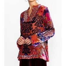 Johnny Was Size L Syriah Silk Velvet Burnout Etna Blouse Tunic Top Long Sleeve